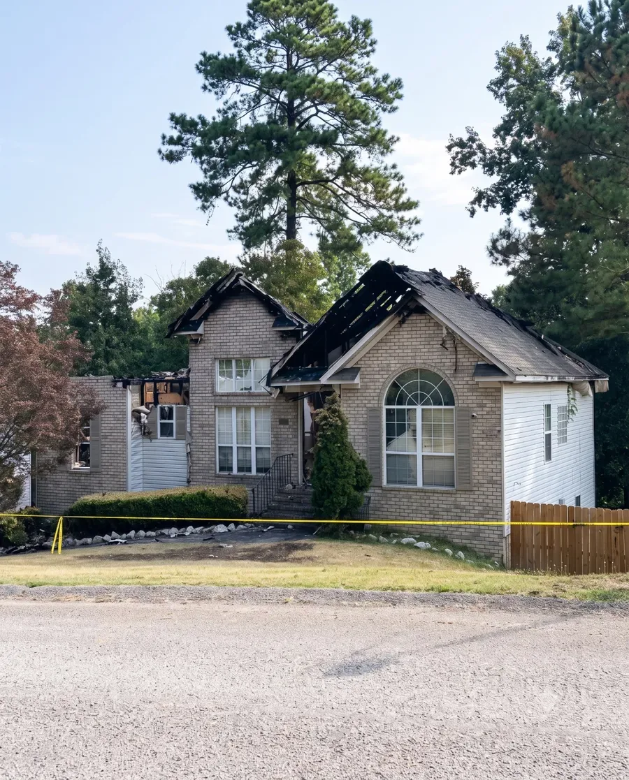 A fire-damaged home with a damaged roof and yellow caution tape in Georgia